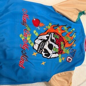 Blue and Tan Graphic Bomber Jacket